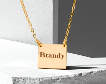 Personalized Square Plate Necklace – Custom Pendant, Gold Square Necklace – Minimalist Custom Name Jewelry, Engraved Square Charm Necklace