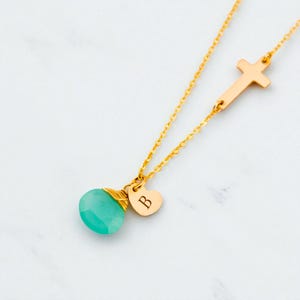 Personalized Sideways Cross Necklace, Mom Necklace with Birthstone, Grandma Necklace, Initial Heart Charm Jewelry, Christmas Gift