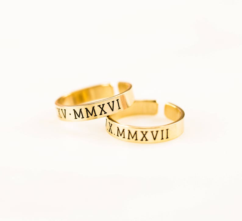 Personalized Bar Band Ring, Gold or Silver or Rose Gold Fill Stacking Ring, Dainty Engraved His and Her Name Ring, GPS Roman Numerals Ring image 2