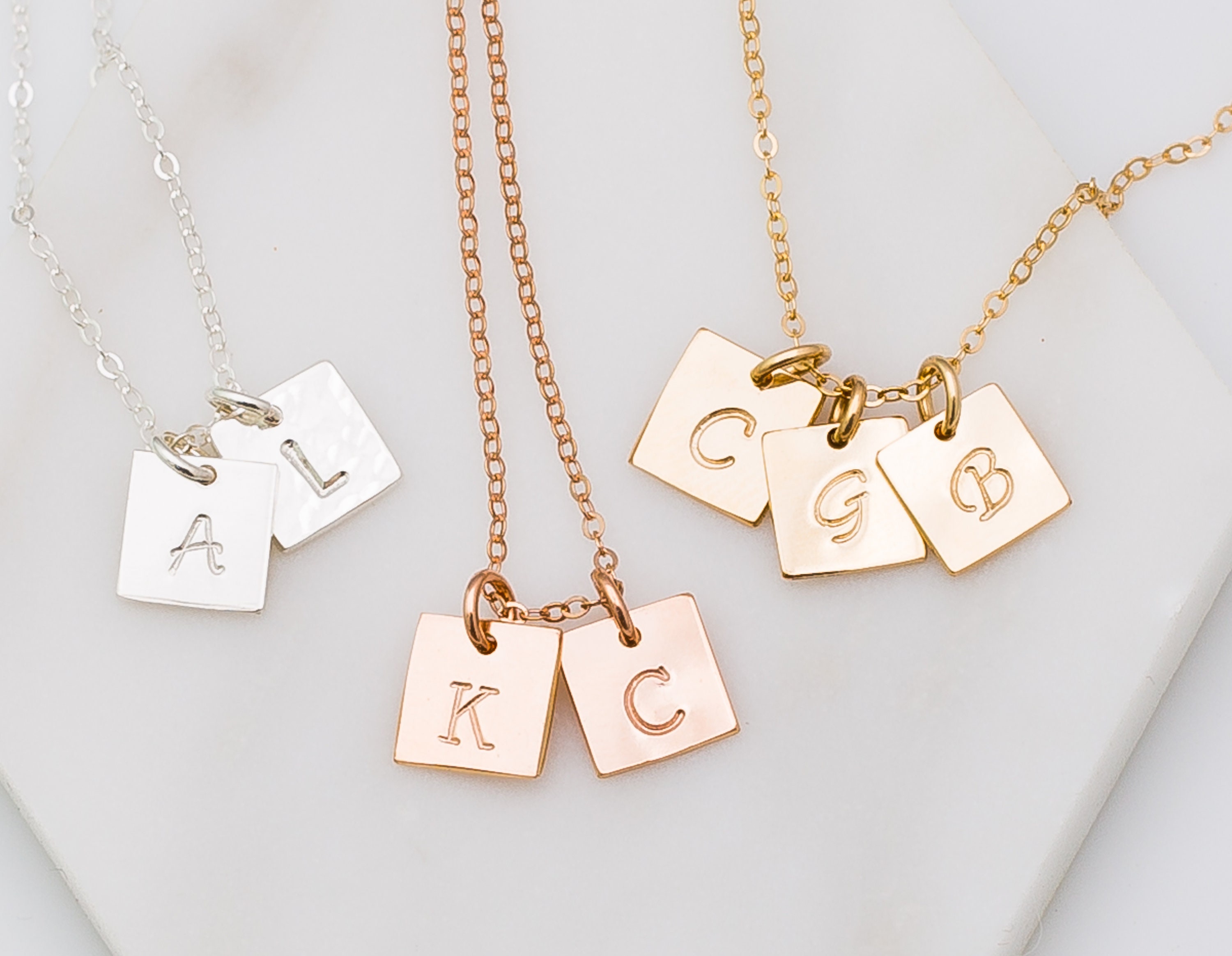 Tiny Initial Necklace Gold Square Tag 