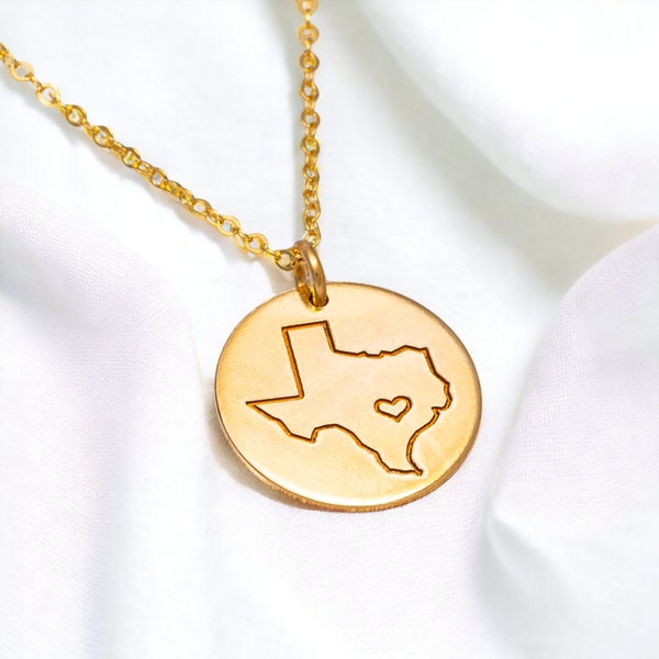 State Necklace, Personalized Small State Shaped with Initial Heart on Disc Charm Necklace, Texas California State Outline Jewelry