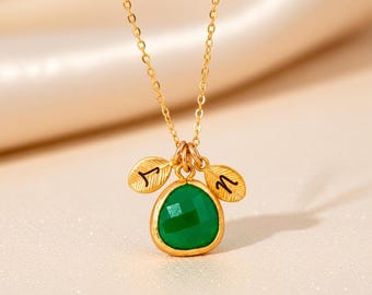 Personalized Bezel Birthstone Necklace with Initial Charms, Birthday Gifts, Dainty Bezel Pendant Necklace, Personalized Jewelry Gift