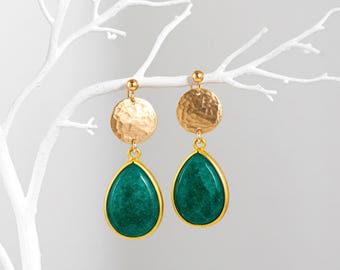 Teardrop Trimmed Emerald Stone Stud Earrings, Dangle Drop Handmade Earrings, Silver Hammered Disc Earrings, Gold Bezel Birthstone Jewelry