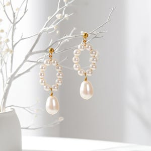 Pearl Earrings Dangle Gold, Handmade Teardrop Pearl Oval Ringlet Stud Jewelry Present, Silver Rose Gold Bridal Bridesmaid Gift for Her