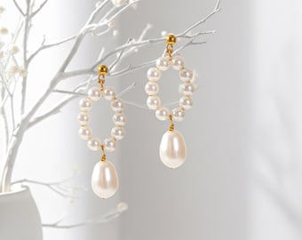 Pearl Earrings Dangle Gold, Handmade Teardrop Pearl Oval Ringlet Stud Jewelry Present, Silver Rose Gold Bridal Bridesmaid Gift for Her