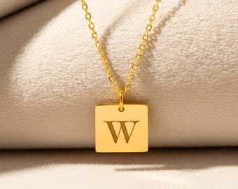 Gold Square Tag Necklace, Personalized Initial Pendant Necklace, Custom Monogram Square Necklace, Engraved Letter Jewelry, Graduation Gift