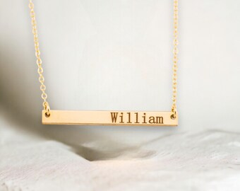 Skinny Gold Bar Necklace / Long Bar Monogram Necklace, Personalized Jewelry Initial Pendant / Horizontal Nameplate Thin Bar Necklace