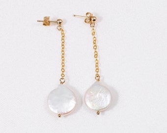 Threader Coin Pearl Earrings, Freshwater Pearl Earrings, Wedding Earrings, Gift for Wife