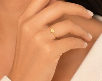 Personalized Tiny Heart Ring, Engraved Initial Ring Gold or Silver, Stacking Letter Ring