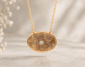 Personalized Fingerprint Pendant Necklace, Custom Birthstone Jewelry, Gift for Mom, 925 Silver, 14K Gold fill Oval Necklace