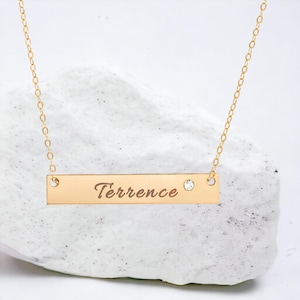 Nameplate Necklace, Personalized Gold Bar Necklace, Crystal Diamond Necklace, Long Bar Necklace, Engraved Initial, Name Sister Jewelry