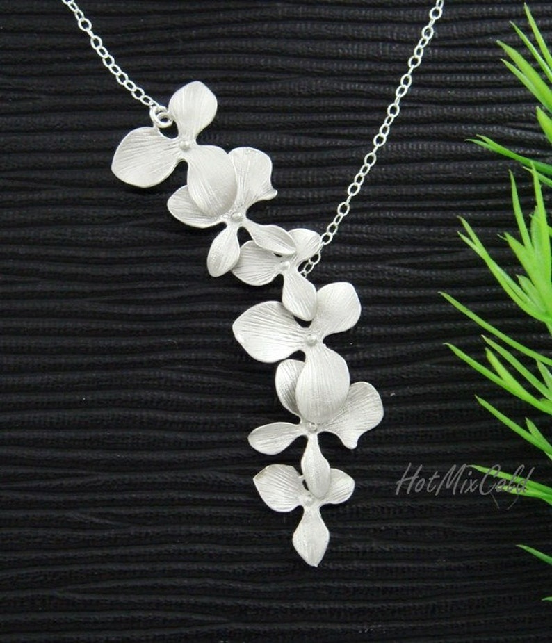 Trio Orchid Flower Necklace / Dainty STERLING Silver Necklace / Bridal Wedding Jewelry, Birthday, Bridesmaid Gifts, Orchid Jewelry image 2