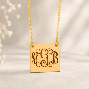 Personalized Monogram Necklace – Custom Initial Letters Pendant, Gold Monogram Necklace, Custom Square Necklace – Personalized Gift for Her