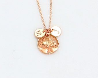 Personalized Family Tree Necklace, Gold Initial Circle Charm Necklace, Rose Gold Tree of Life Necklace, Grandma, Silver Mothers Necklace