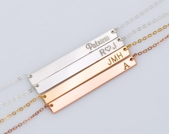 Valentine's Day Gift for Girlfriend, Wife, Personalized Initial Skinny Bar Necklace, Dainty Nameplate Necklace, Horizontal  Bar Necklace