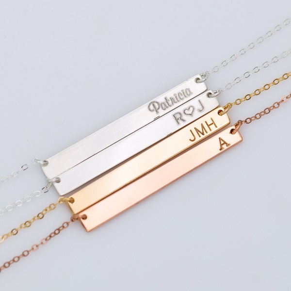 Valentine's Day Gift for Girlfriend, Wife, Personalized Initial Skinny Bar Necklace, Dainty Nameplate Necklace, Horizontal  Bar Necklace