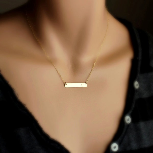 Gold Bar Necklace, Personalized Name Plate Necklace / Delicate Horizontal Bar Necklace / Simple Nameplate Necklace Gold, Silver Initial
