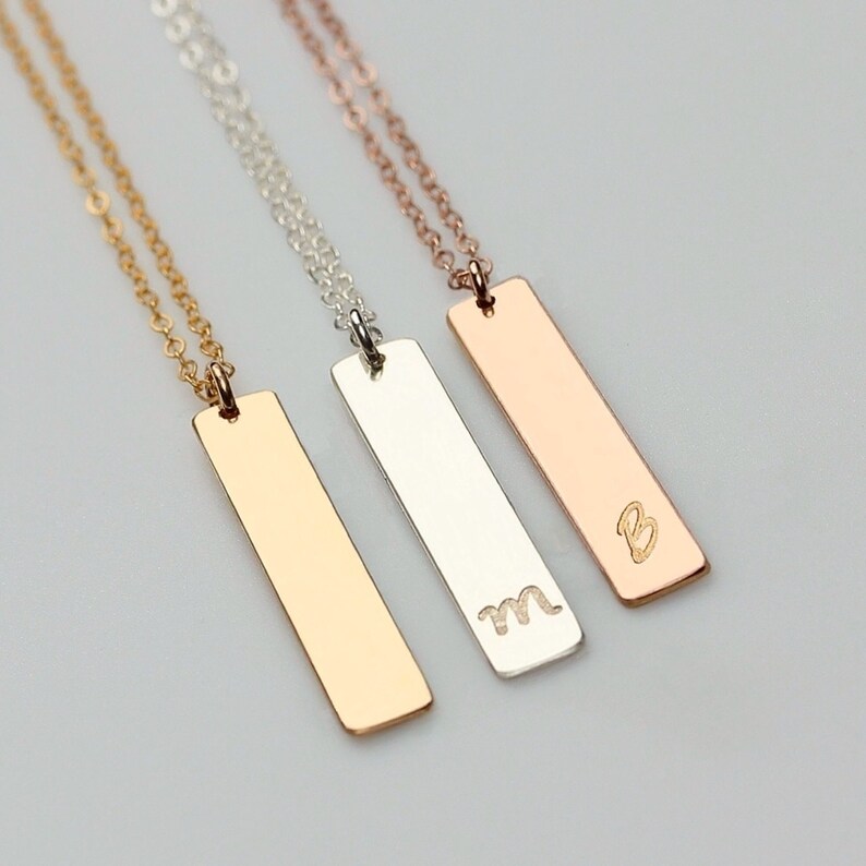 Gold Vertical Bar Necklace Personalized Silver Pendant Rose Nameplate Initial Meaningful Gift