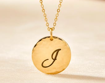 Double Sided Circle Pendant Necklace – Personalized Hammered Disc Jewelry, Custom Engraved Two-Sided Round Pendant Necklace – Jewelry Gift