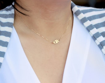 Sideways Hamsa Necklace, Tiny Hamsa Necklace, Gold Hand Necklace, Silver Fatima Necklace, Evil Eye on Delicate Thin Gold Fill Chain