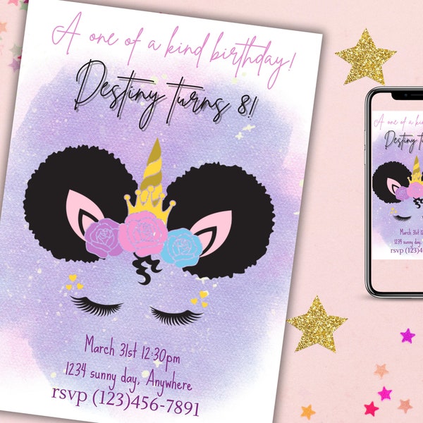 afro puff hair unicorn birthday invitation editable link print or send digitally! no software required!