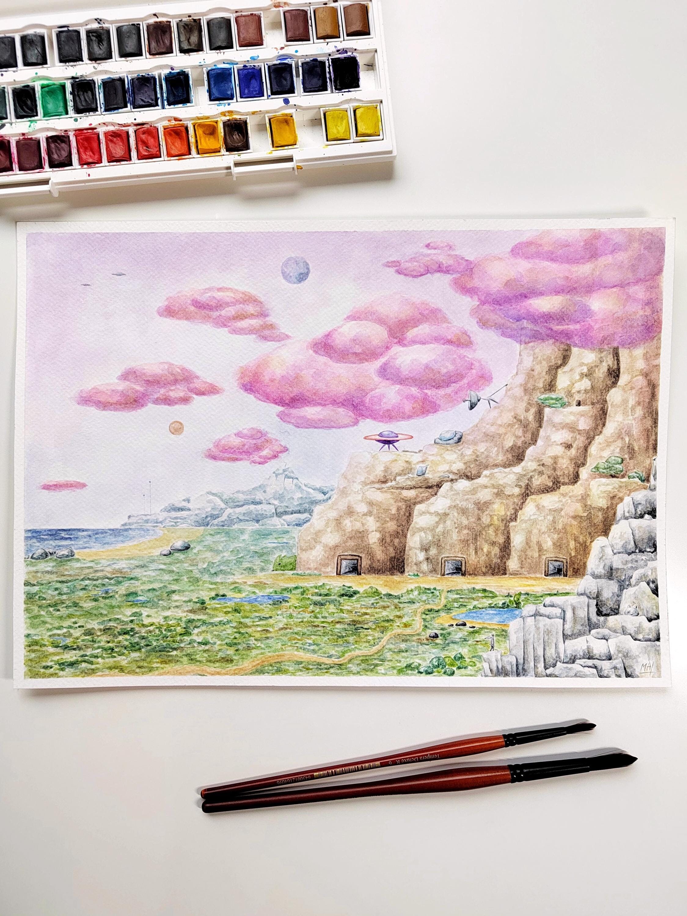 Original UFO Aliens Fantasy Landscape Watercolor Painting - Etsy