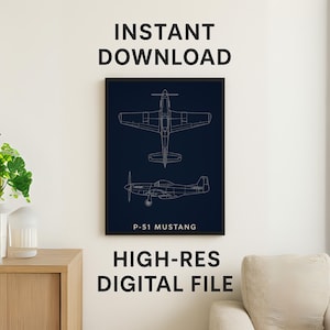 P-51 Mustang Blueprint Print – WWII Fighter Plane Line Drawing | Vintage Aircraft Wall Art | Digital Download (2:3 Ratio)