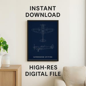 Spitfire Blueprint Poster • WWII Aircraft Wall Art • Aviation Digital Download • 2:3 Ratio Printable • Pilot Gift • Man Cave Decor