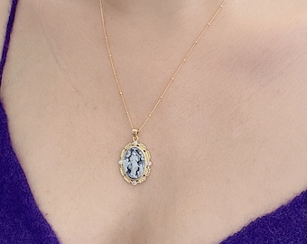 Guardian Angel Necklace. Protection Necklace. Vintage Blue Cameo Charm Necklace. Virgin Mary Catholic Necklace. Miraculous Medal Necklace.