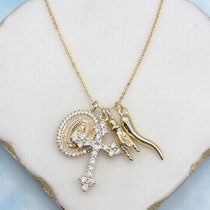 Italian Horn, Cross and Virgin Mary. Build Your Own Custom Charm Necklace. Gold Charm. Personalized Necklace. Gift Jewelry. Gift for Her.