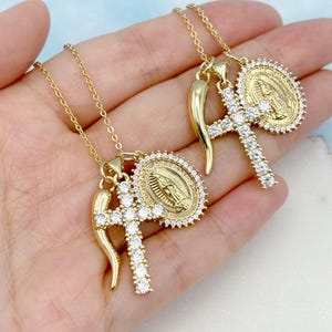 Italian Horn, Cross and Virgin Mary. Build Your Own Custom Charm Necklace. Gold Charm. Personalized Necklace. Gift Jewelry. Gift for Her.