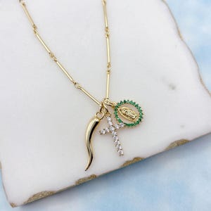 Italian Horn, Cross and Virgin Mary. Build Your Own Custom Charm Necklace. Gold Charm. Personalized Necklace. Gift Jewelry. Gift for Her.