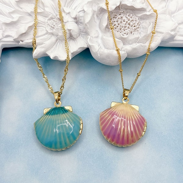 Mermaid Shell Locket Necklace. Seashell Pendant Necklace. Ocean Beach Jewelry. Gift for Her.