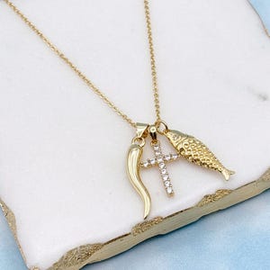 Build Your Own Custom Charm Necklace. Gold Charm Necklace. Lucky Charm Necklace. Italian Horn, Cross and Gold Fish Charm. Gift for Her.