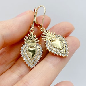 Sacred Heart Earrings. Flaming Heart Earrings. Religious Jewelry. Catholic Gift. Gold Heart Earrings. Gift for Her.