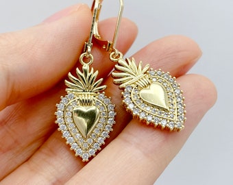 Sacred Heart Earrings. Flaming Heart Earrings. Religious Jewelry. Catholic Gift. Gold Heart Earrings. Gift for Her.