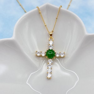 Green Jade Cross Necklace. Religious Necklace. Dainty Necklace. Gift for Her. Gift for Mom. Christmas Gift. Baptism Necklace.