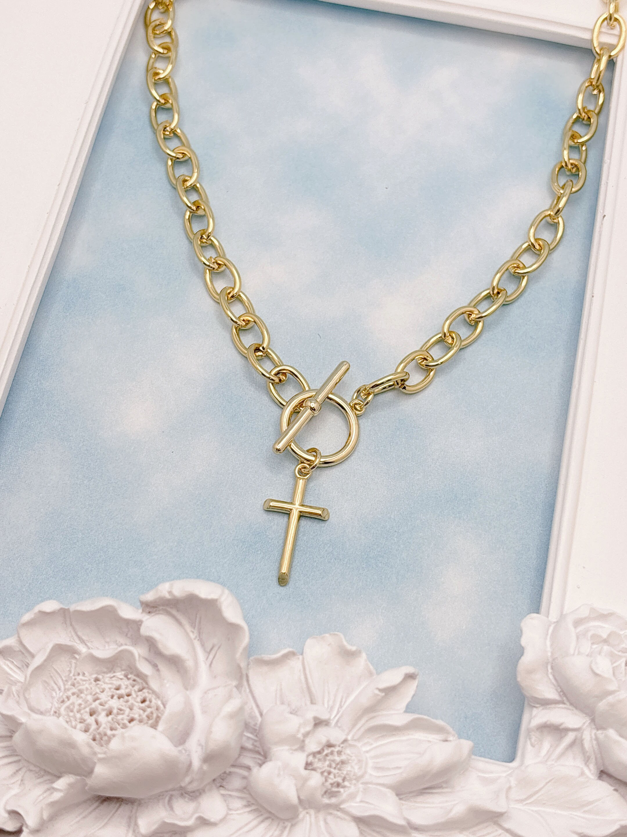Eternal Pearl Cross Toggle Necklace