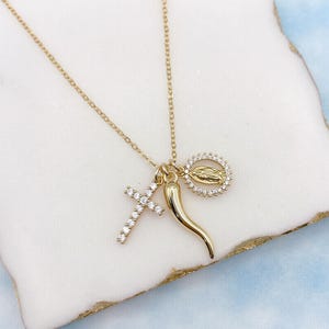 Italian Horn, Cross and Virgin Mary. Build Your Own Custom Charm Necklace. Gold Charm. Personalized Necklace. Gift Jewelry. Gift for Her.