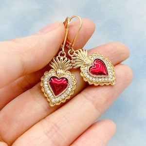 Sacred Heart Earrings. Flaming Heart Earrings. Religious Jewelry. Gold Heart Earrings. Mexican Jewelry. Gift for Her.
