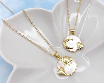 Pearl Sun Necklace. Pearl Moon Necklace. Disc Coin Necklace. Celestial Necklace. Gift Jewelry. for Her.