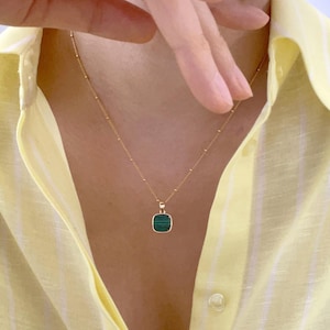 Malachite Necklace Gold. Natural Malachite Square Pendant Necklace. Layered Necklace. Malachite Gemstone. Gift for Her.