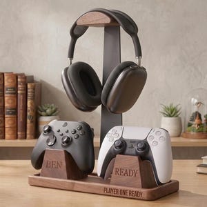 Personalized Headset Stand & Dual Controller Holder, Engraved Wood Gaming Desk Organizer, Christmas Gift