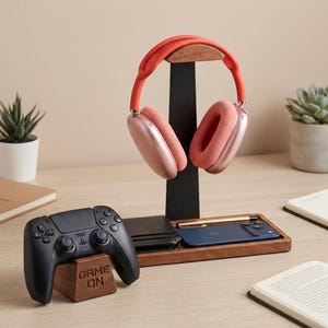 May include: A wooden headphone stand with a black vertical support holding coral-colored over-ear headphones. A wooden base tray holds a smartphone and pen. A black game controller rests on a small wooden block engraved with the text GAME ON.