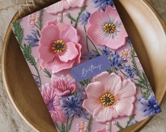 Diário personalizado de capa dura de flores silvestres, caderno personalizado para mulheres, caderno com nome personalizado, diário de oração