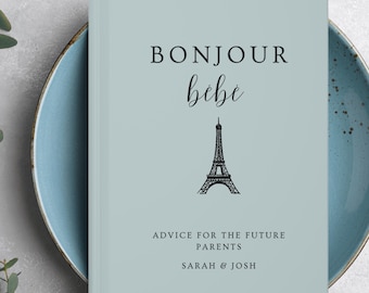 Livro de Assinaturas para Chá de Bebê "Bonjour Bébé", Desejos para o Bebê, Decoração Personalizada para Chá de Bebê "Bonjour Bébé", Nome Personalizado