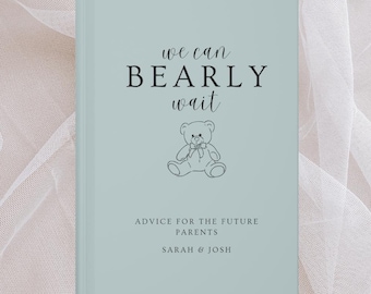 We kunnen bijna niet wachten! Babyshower gastenboek met wensen voor een babyjongen of -meisje. Beren babyshower decoratie, gepersonaliseerd gastenboek met naam. Dagboek met persoonlijke naam.