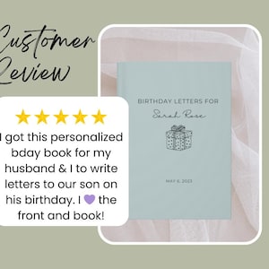 May include: A blue book with the text "Birthday Letters for Sarah Rose" and a small illustration of a gift box. The book is on a white background.
