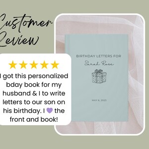 K&ouml;nnte beinhalten: Ein hellblaues Buch mit dem Titel "Birthday Letters for Sarah Rose" und einer Geschenkbox-Illustration. Das Cover enth&auml;lt auch das Datum 6. Mai 2023. Eine Kundenrezension mit f&uuml;nf goldenen Sternen ist ebenfalls sichtbar.