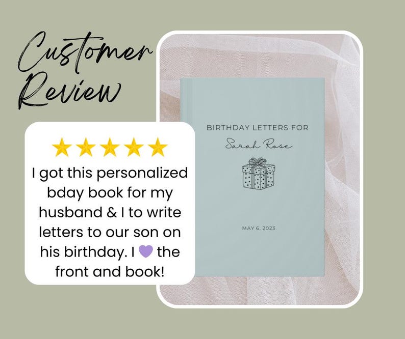 K&ouml;nnte beinhalten: Ein hellblaues Buch mit dem Titel "Birthday Letters for Sarah Rose" und einer Geschenkbox-Illustration. Das Cover enth&auml;lt auch das Datum 6. Mai 2023. Eine Kundenrezension mit f&uuml;nf goldenen Sternen ist ebenfalls sichtbar.